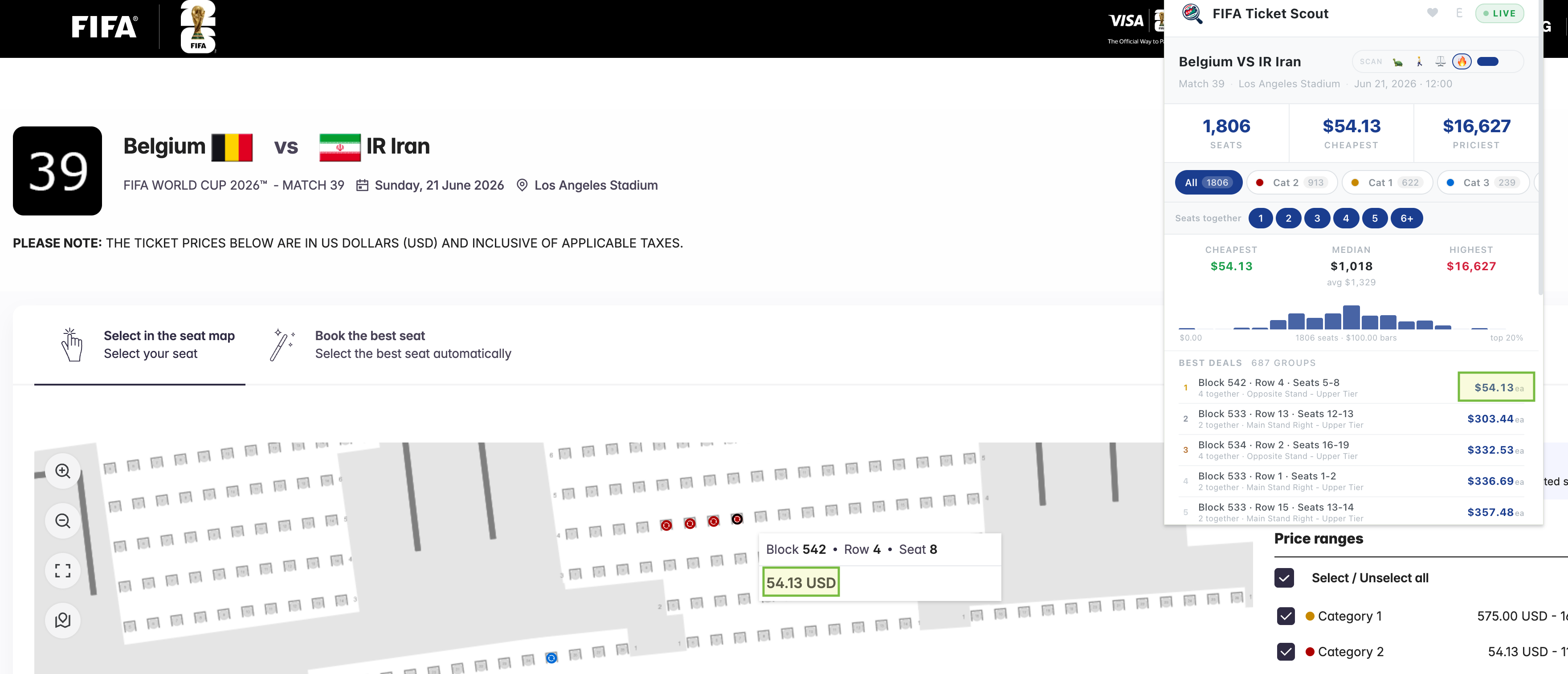 FIFA Ticket Scout live on Belgium vs IR Iran — 1,806 seats scanned, cheapest at $54.13
